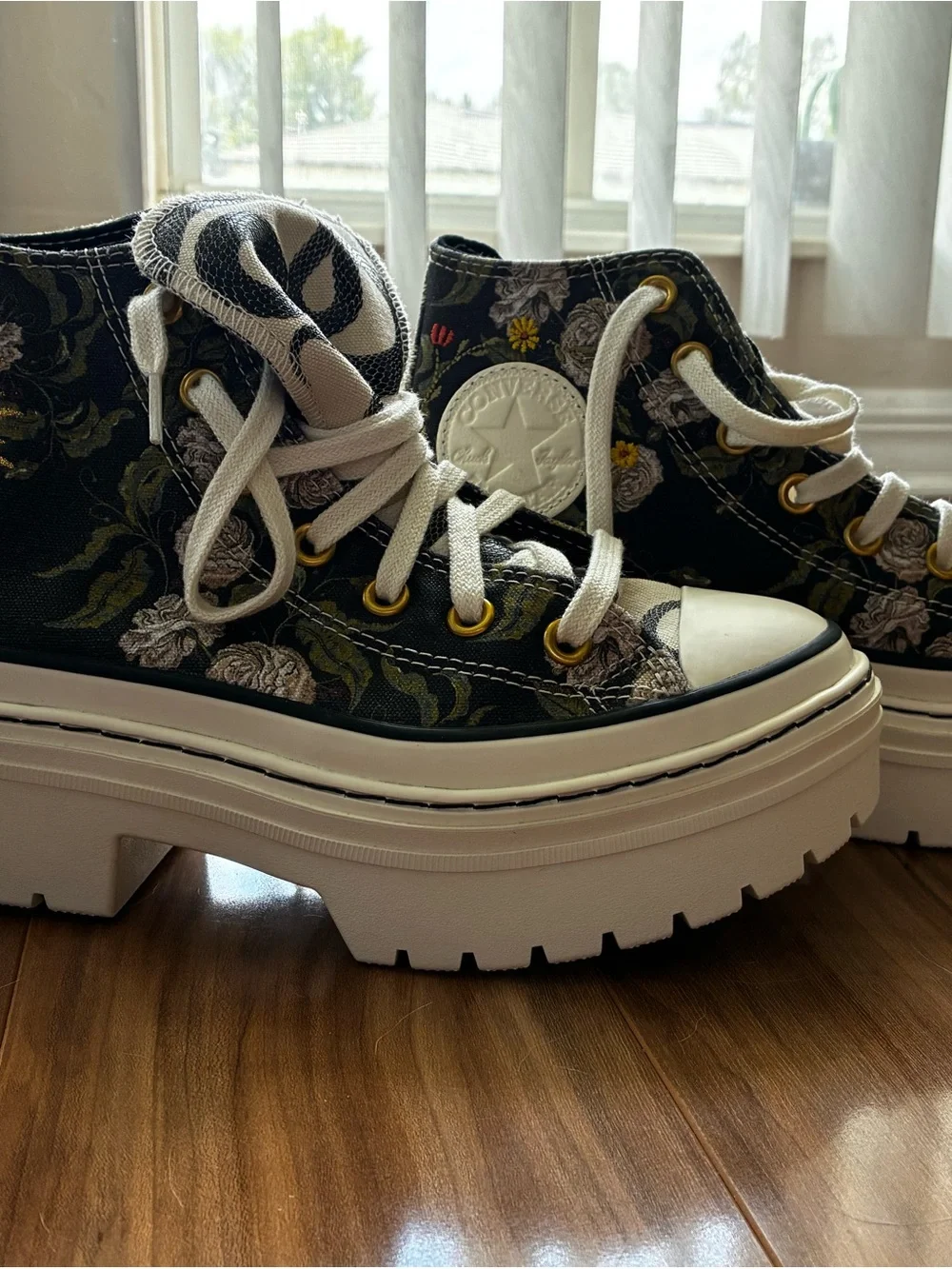 Converse Black Floral Platform Chuck Taylor High Tops with White Accents - Picture 2 of 4